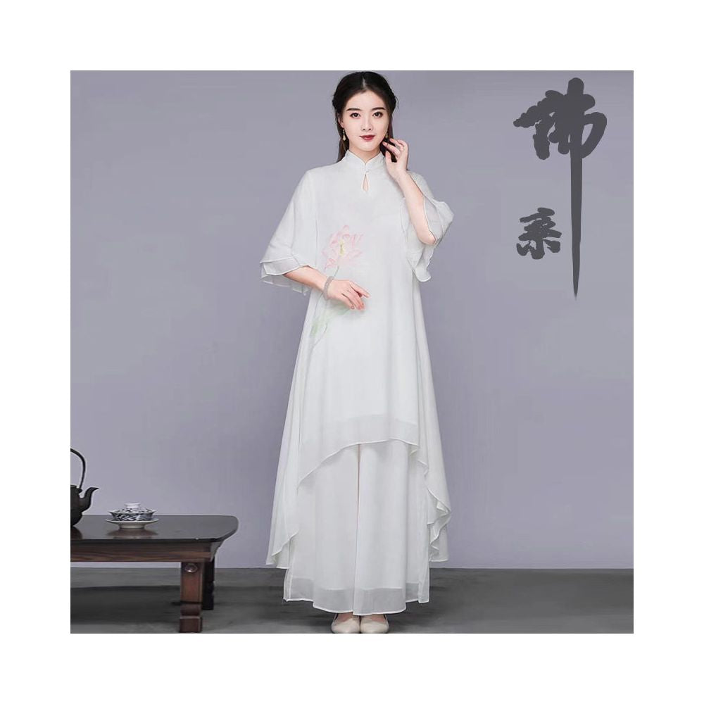 White fairy inspired young female Buddhist style layman s clothing Chinese style Zen inspired women s tea clothing improved Zen dance clothing set customization image 1