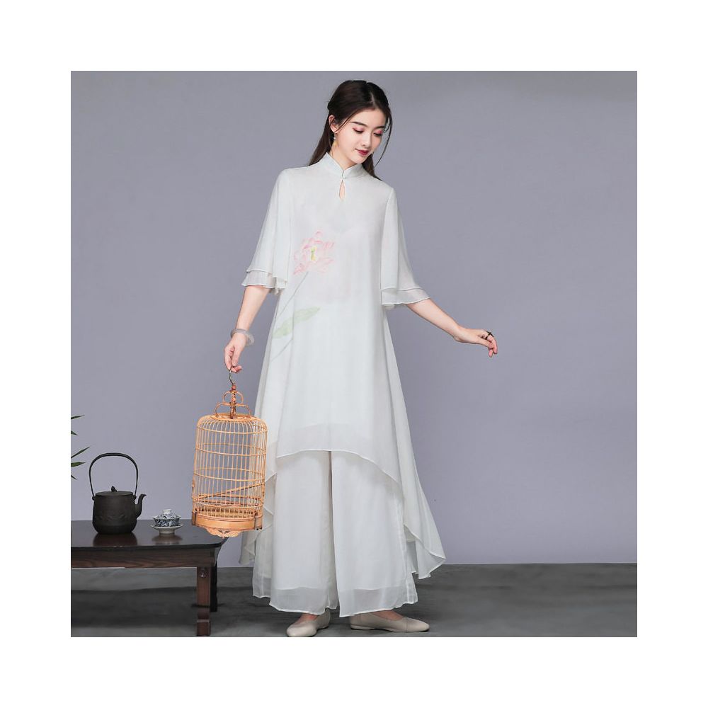 White fairy inspired young female Buddhist style layman s clothing Chinese style Zen inspired women s tea clothing improved Zen dance clothing set customization image 2
