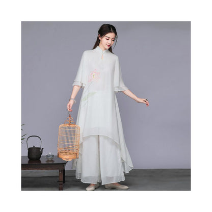 White fairy inspired young female Buddhist style layman s clothing Chinese style Zen inspired women s tea clothing improved Zen dance clothing set customization image 2