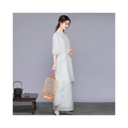 White fairy inspired young female Buddhist style layman s clothing Chinese style Zen inspired women s tea clothing improved Zen dance clothing set customization image 3