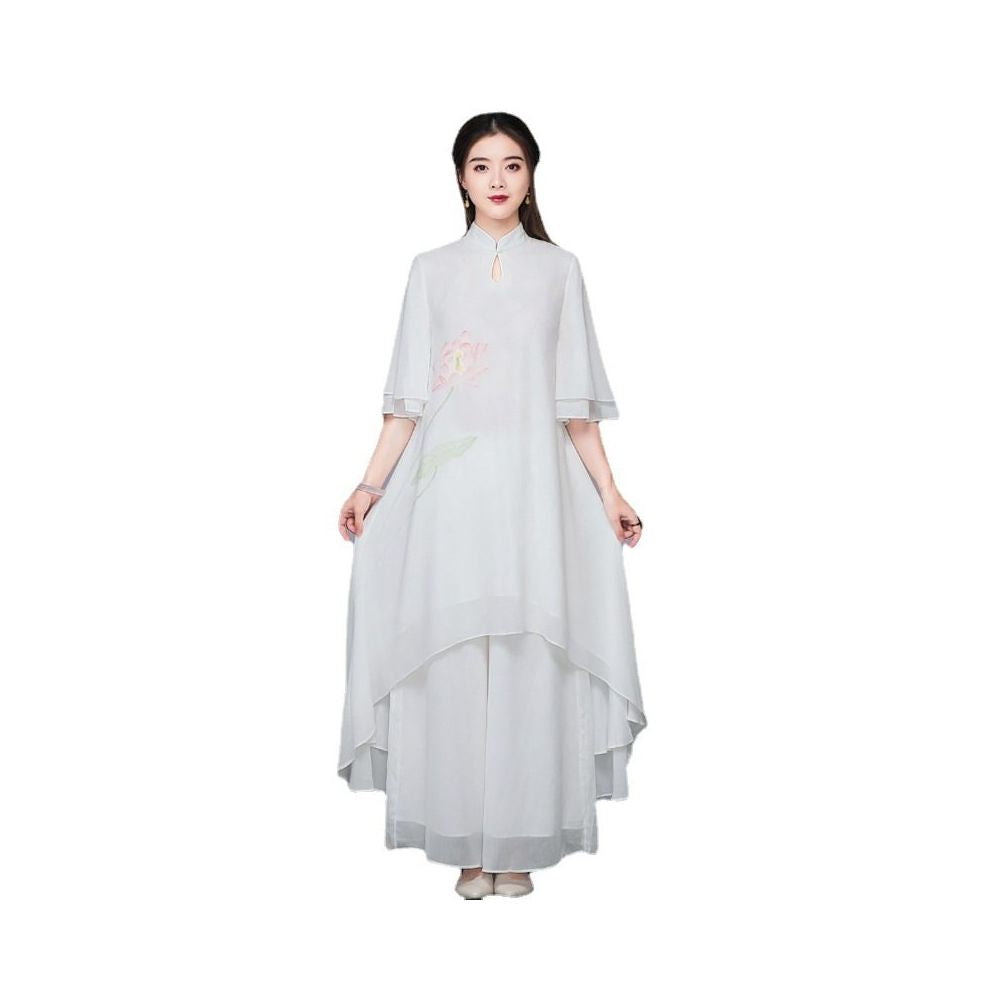 White fairy inspired young female Buddhist style layman s clothing Chinese style Zen inspired women s tea clothing improved Zen dance clothing set customization image 5