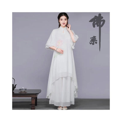 White fairy inspired young female Buddhist style layman s clothing Chinese style Zen inspired women s tea clothing improved Zen dance clothing set customization image 0