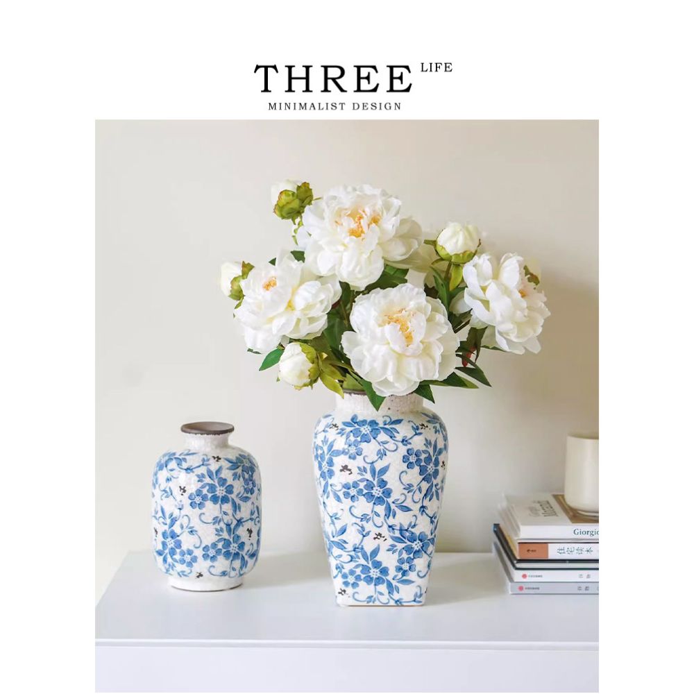 Tlife Cyan Vase New Chinese Blue and White Porcelain Ceramic Living Room Vintage Ice Crack Ornament Dancing image 2