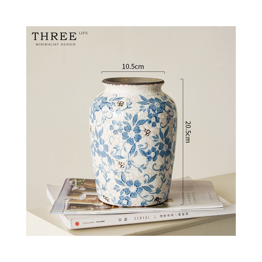 Tlife Cyan Vase New Chinese Blue and White Porcelain Ceramic Living Room Vintage Ice Crack Ornament Dancing