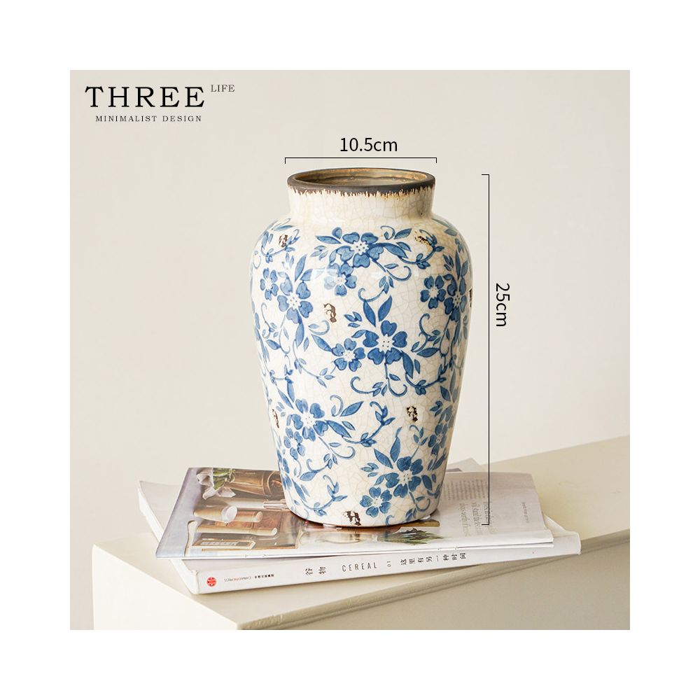 Tlife Cyan Vase New Chinese Blue and White Porcelain Ceramic Living Room Vintage Ice Crack Ornament Dancing
