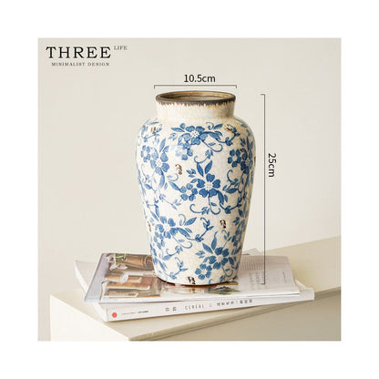 Tlife Cyan Vase New Chinese Blue and White Porcelain Ceramic Living Room Vintage Ice Crack Ornament Dancing