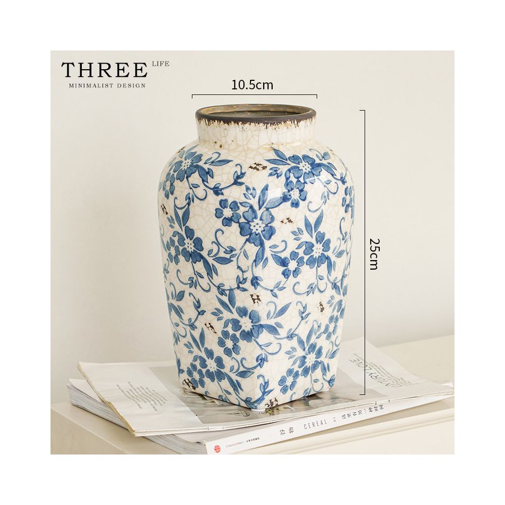 Tlife Cyan Vase New Chinese Blue and White Porcelain Ceramic Living Room Vintage Ice Crack Ornament Dancing