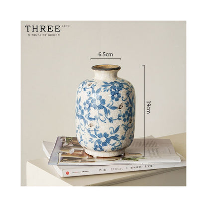 Tlife Cyan Vase New Chinese Blue and White Porcelain Ceramic Living Room Vintage Ice Crack Ornament Dancing