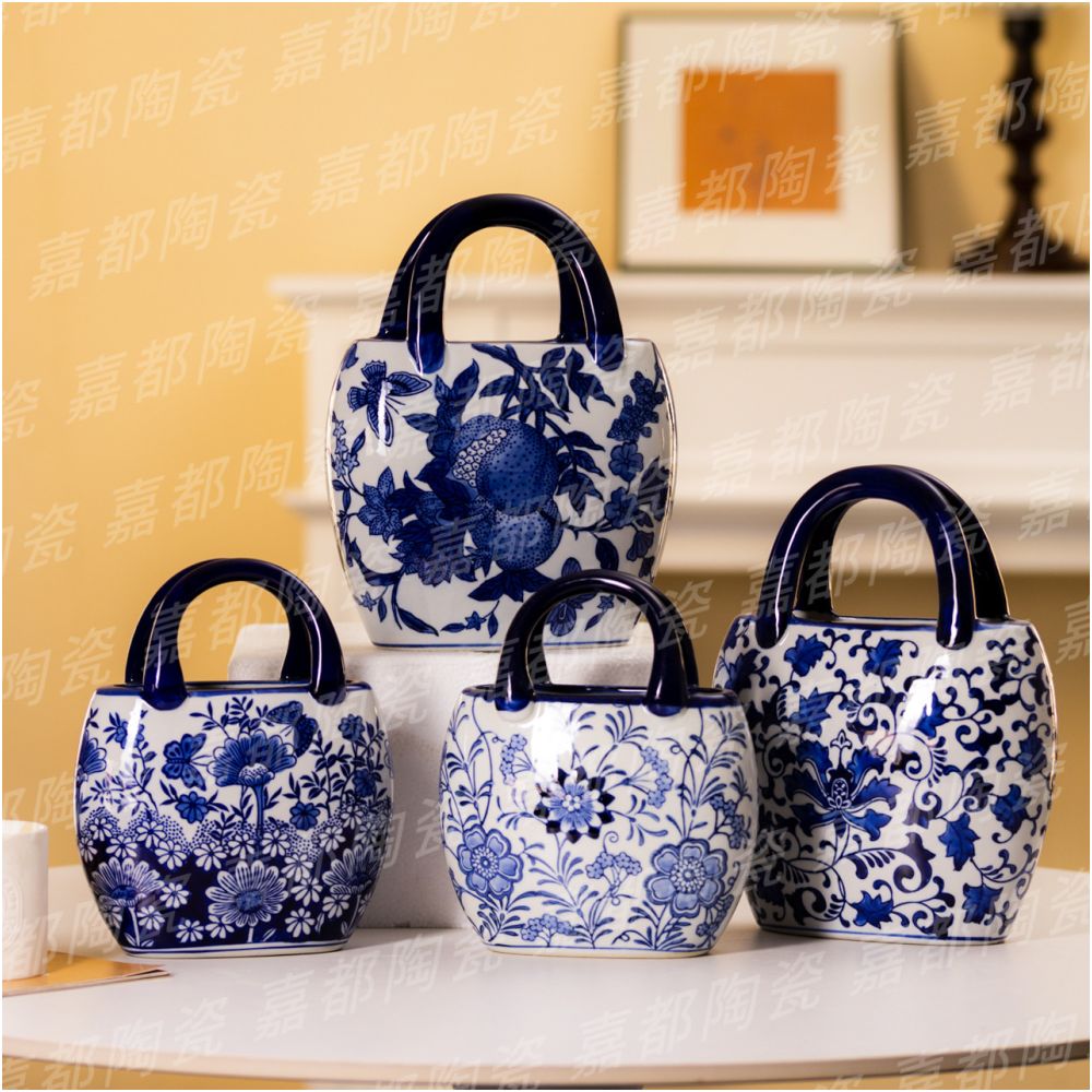 Chinese style blue and white porcelain handbag ceramic classical vase shape large capacity ethnic style home decoration image 0