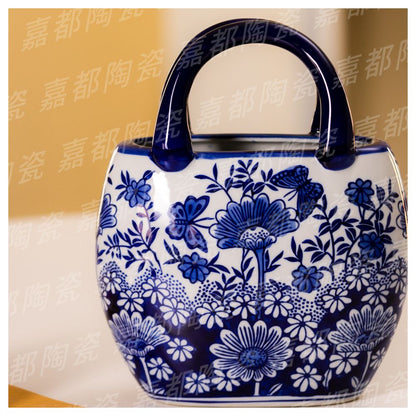 Chinese style blue and white porcelain handbag ceramic classical vase shape large capacity ethnic style home decoration image 1