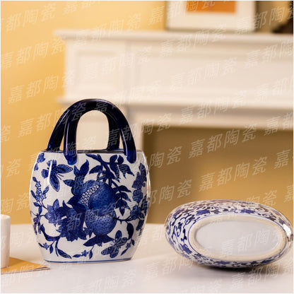Chinese style blue and white porcelain handbag ceramic classical vase shape large capacity ethnic style home decoration image 3