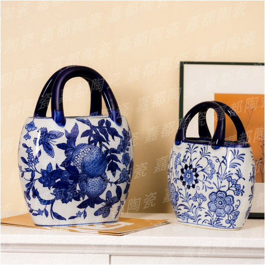 Chinese style blue and white porcelain handbag ceramic classical vase shape large capacity ethnic style home decoration image 4