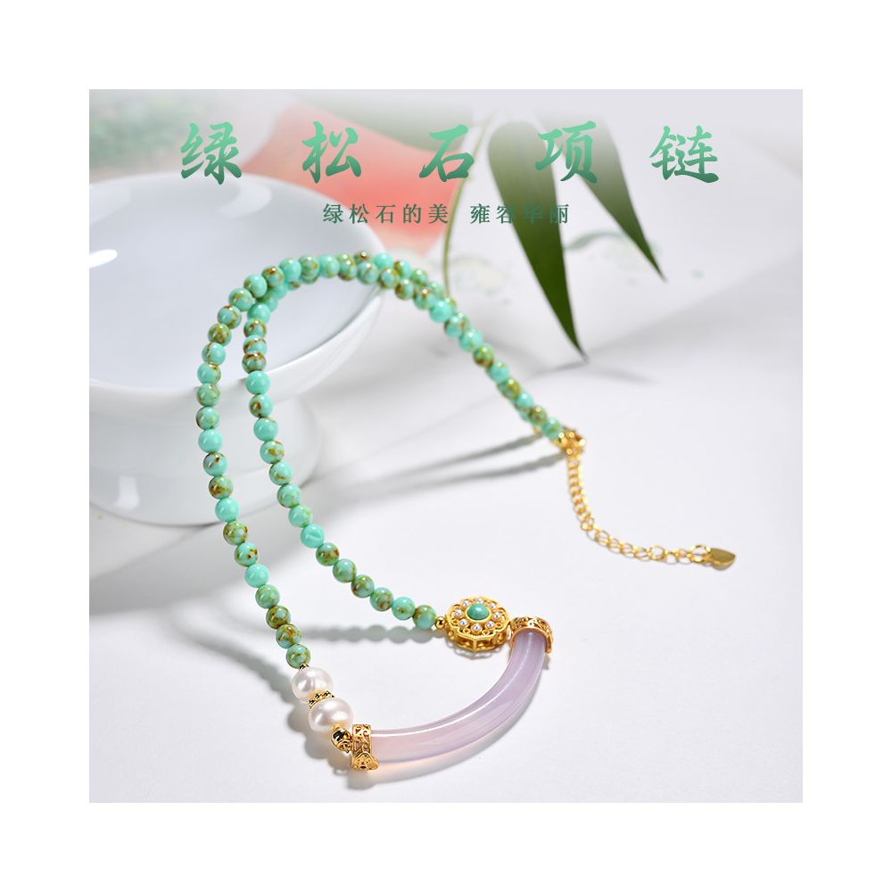 Original turquoise necklace 4mm women s pink chalcedony collarbone chain pearl cloisonn é sweater chain pendant jewelry pendant image 0