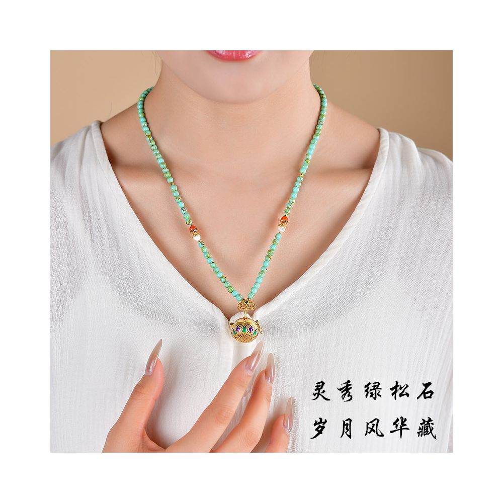 Original turquoise necklace 4mm women s pink chalcedony collarbone chain pearl cloisonn é sweater chain pendant jewelry pendant image 2