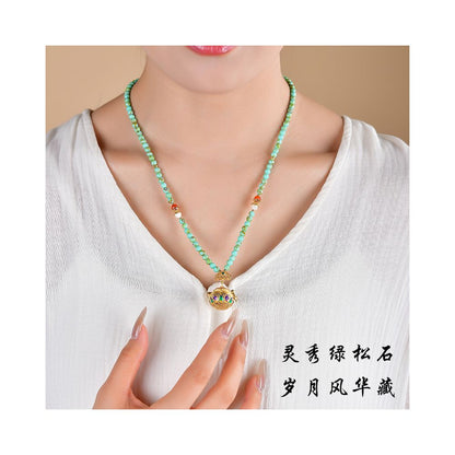 Original turquoise necklace 4mm women s pink chalcedony collarbone chain pearl cloisonn é sweater chain pendant jewelry pendant image 2