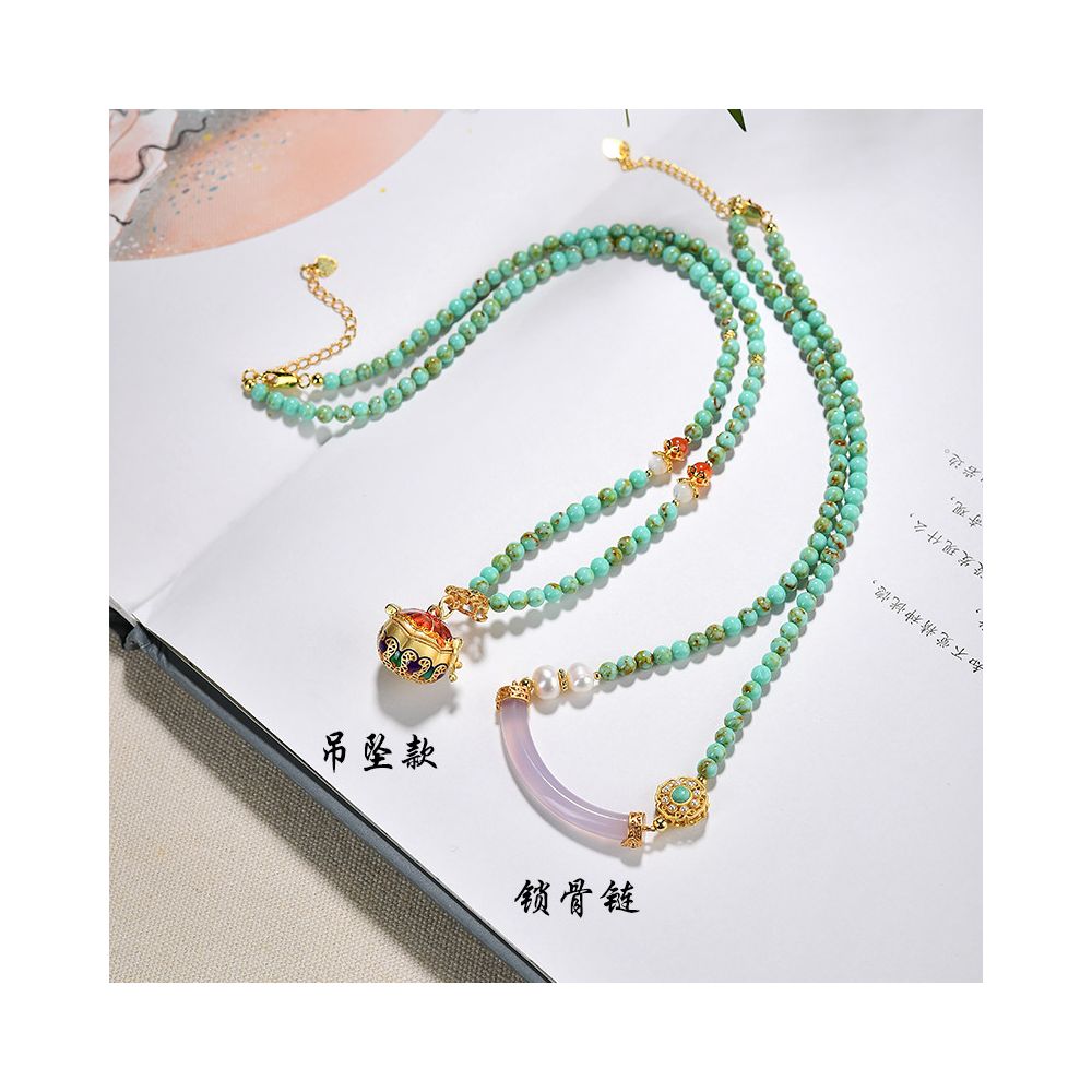 Original turquoise necklace 4mm women s pink chalcedony collarbone chain pearl cloisonn é sweater chain pendant jewelry pendant image 3