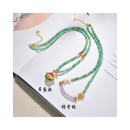 Original turquoise necklace 4mm women s pink chalcedony collarbone chain pearl cloisonn é sweater chain pendant jewelry pendant image 3
