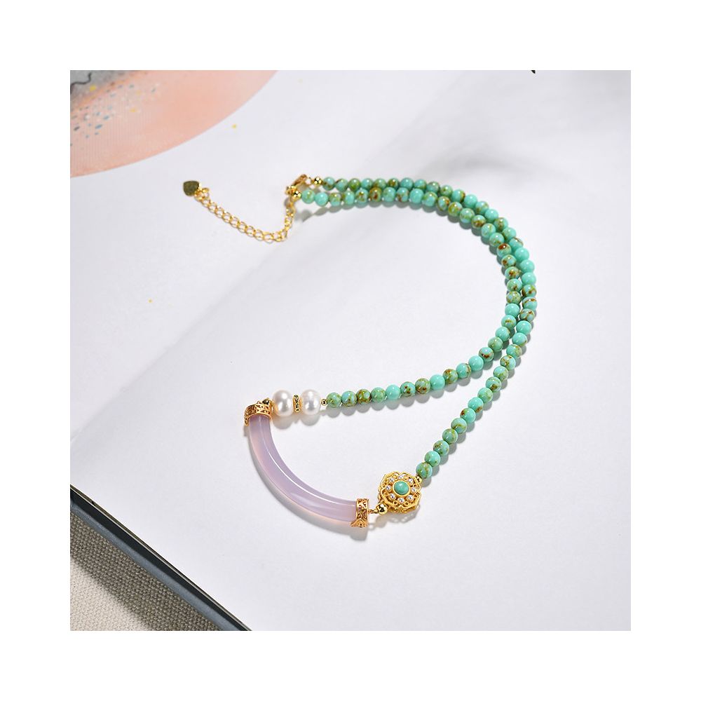 Original turquoise necklace 4mm women s pink chalcedony collarbone chain pearl cloisonn é sweater chain pendant jewelry pendant