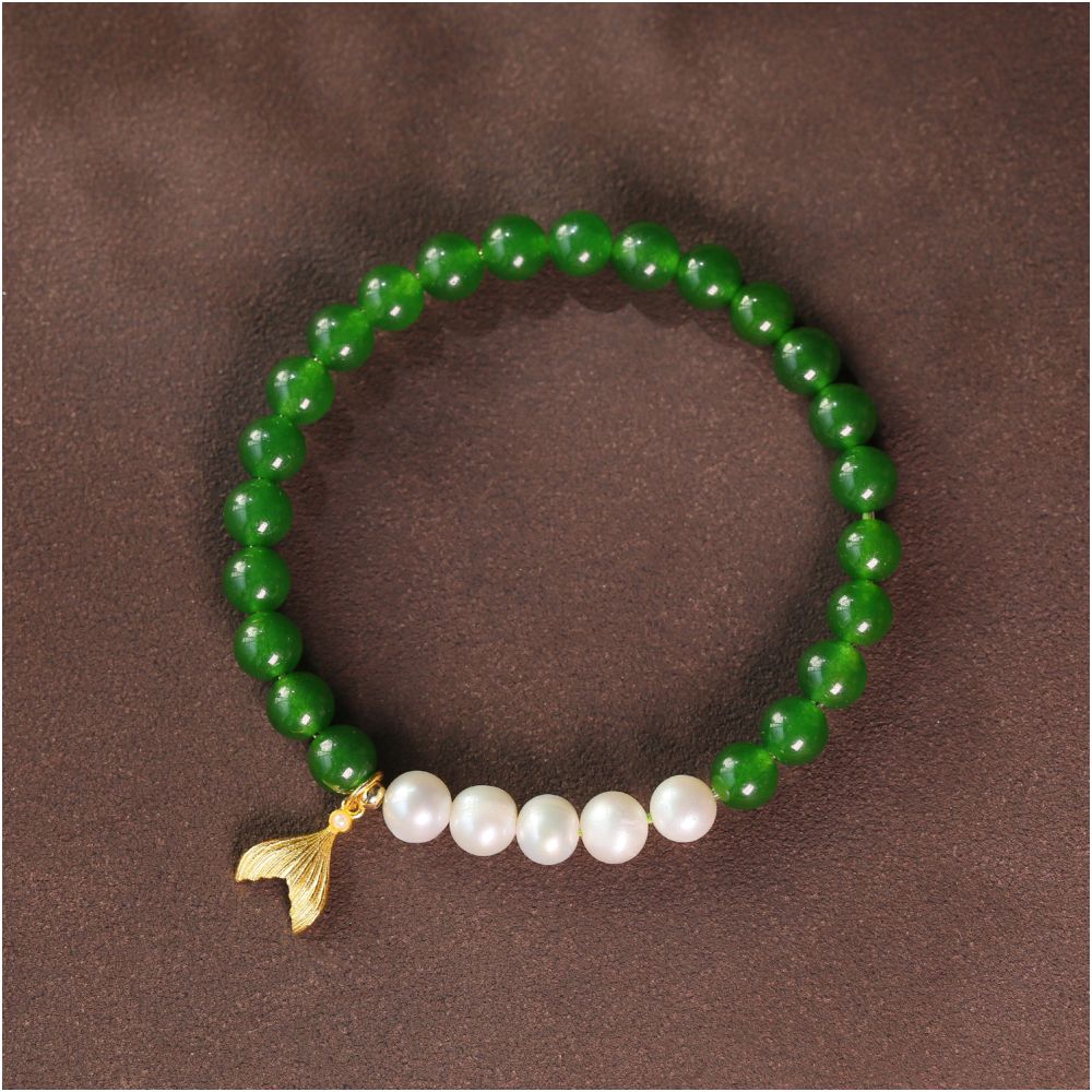New Jade Bracelet 6mm and Tian Biyu Bracelet Women s Round Beads Yang Green Spinach Green Jade Light Luxury Niche