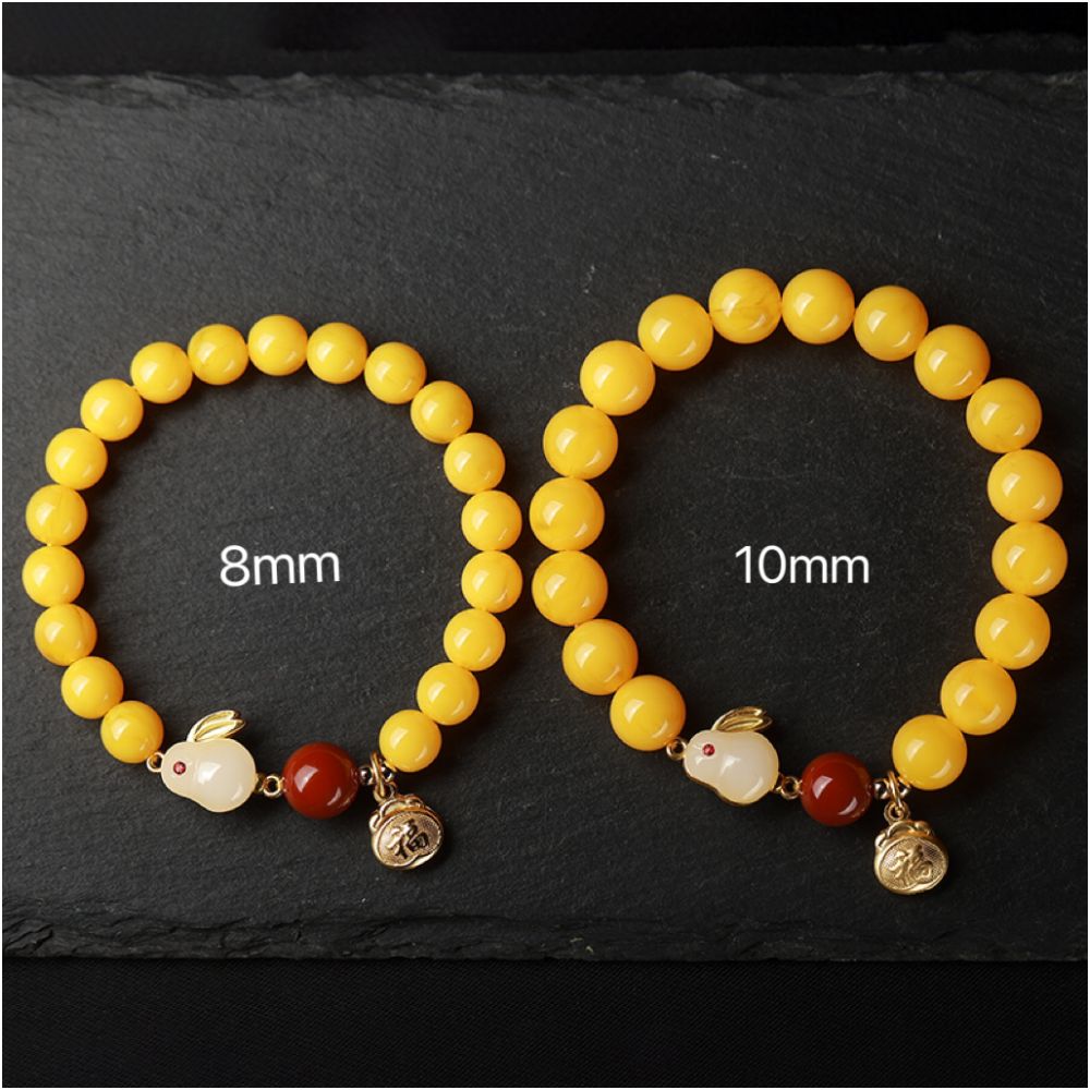 Year of the Rabbit Amber Beeswax Bracelet - Jade Rabbit Zodiac Charm Gift