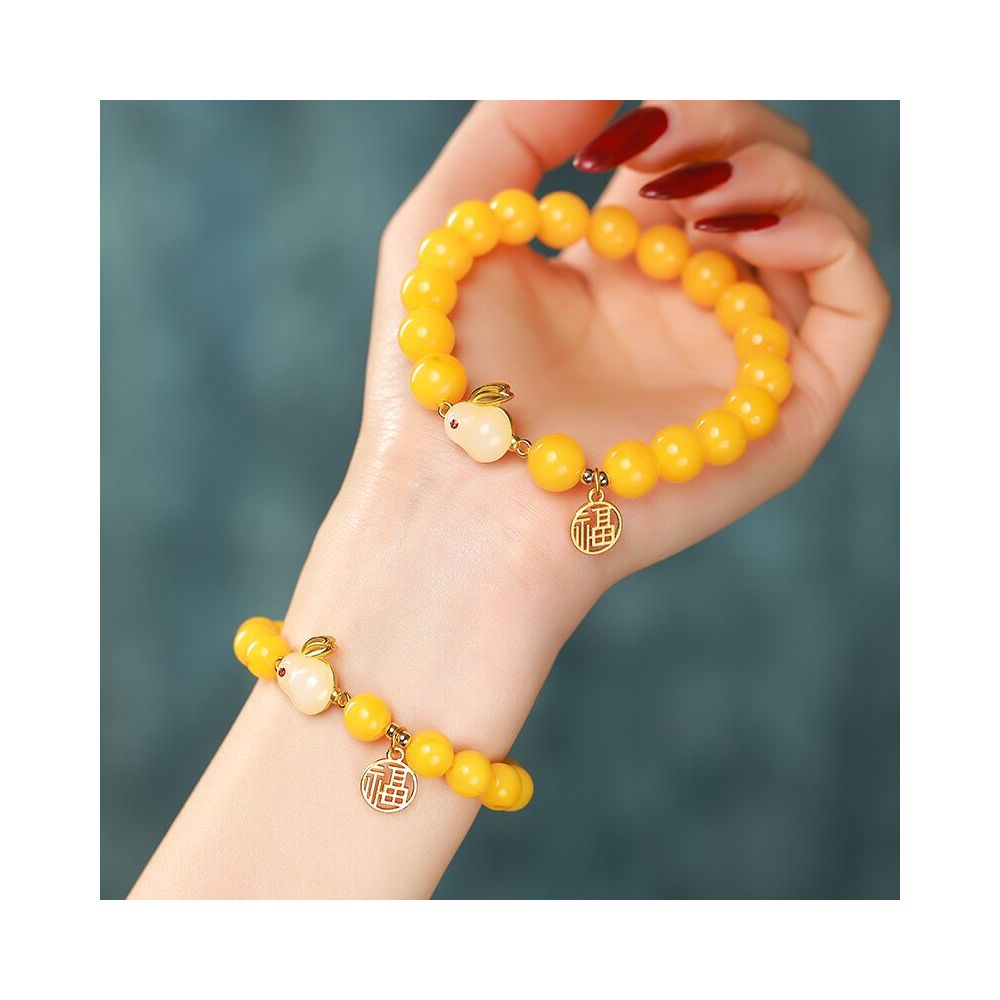 2026 Original Birth Year Honey Wax Bracelet Jade Rabbit Style 8mm Gift for Girlfriend s Zodiac Rabbit Transit Bracelet image 3