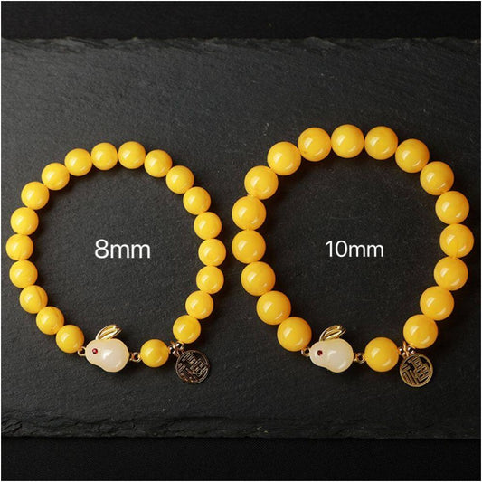 Year of the Rabbit Amber Beeswax Bracelet - Jade Rabbit Zodiac Charm