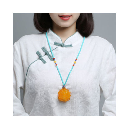 Original Honey Wax Chicken Oil Yellow Peony Flower Pendant Pendant Female Style Ethnic Style Amber Long Sweater Chain Necklace Natural image 0