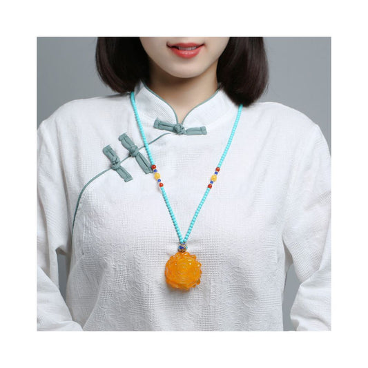 Natural Amber Peony Flower Pendant Necklace - Honey Wax Yellow