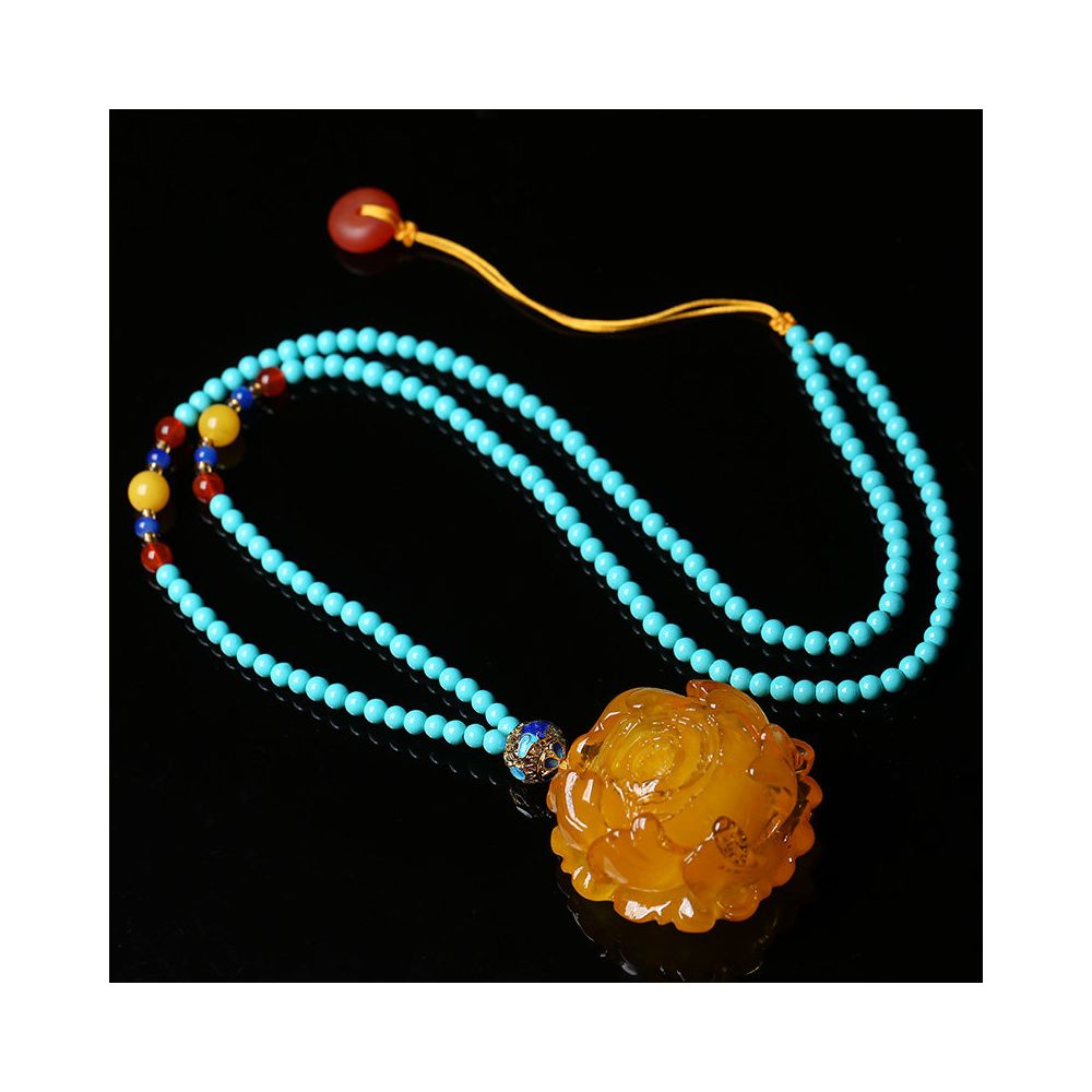 Original Honey Wax Chicken Oil Yellow Peony Flower Pendant Pendant Female Style Ethnic Style Amber Long Sweater Chain Necklace Natural image 1