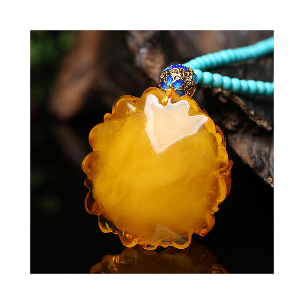 Original Honey Wax Chicken Oil Yellow Peony Flower Pendant Pendant Female Style Ethnic Style Amber Long Sweater Chain Necklace Natural image 2