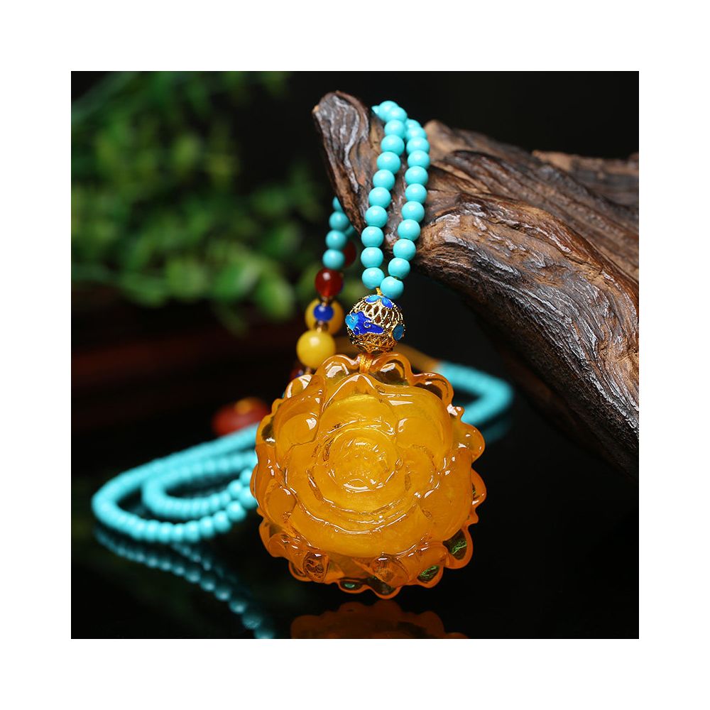 Original Honey Wax Chicken Oil Yellow Peony Flower Pendant Pendant Female Style Ethnic Style Amber Long Sweater Chain Necklace Natural image 3