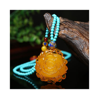 Original Honey Wax Chicken Oil Yellow Peony Flower Pendant Pendant Female Style Ethnic Style Amber Long Sweater Chain Necklace Natural image 3