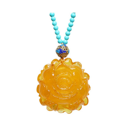 Original Honey Wax Chicken Oil Yellow Peony Flower Pendant Pendant Female Style Ethnic Style Amber Long Sweater Chain Necklace Natural image 4