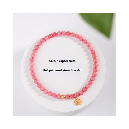 4mm Red Patterned Stone Bracelet - Peach Blossom Crystal Agate Jewelry