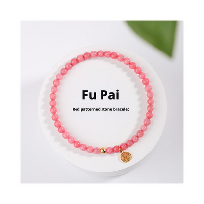 4mm Red Patterned Stone Bracelet - Peach Blossom Crystal Agate Jewelry