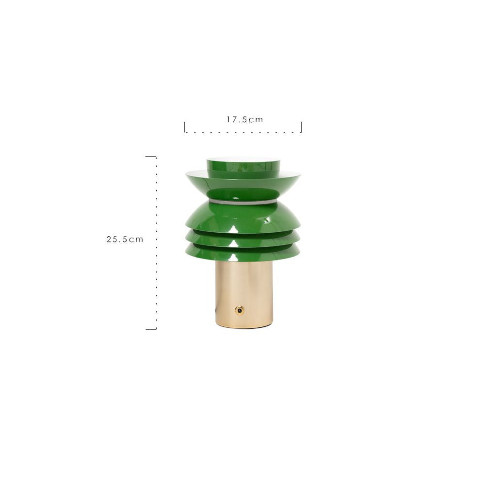 Green and gold lamp with measurements on a white background, featuring Rinoart branding.