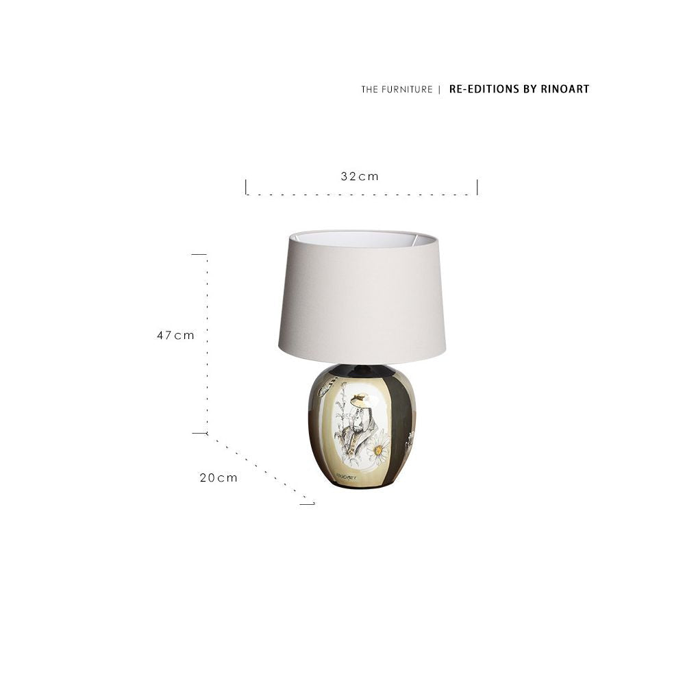 Table lamp with dimensions and Rinoart branding on a white background