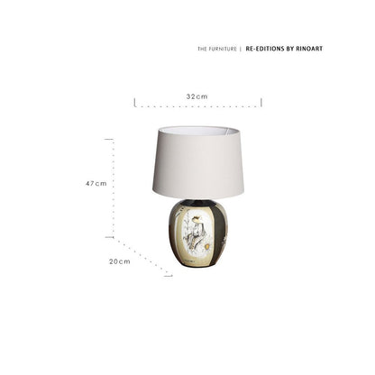 Table lamp with dimensions and Rinoart branding on a white background