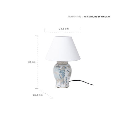 Table lamp with decorative base and white shade, featuring Rinoart branding and measurements.