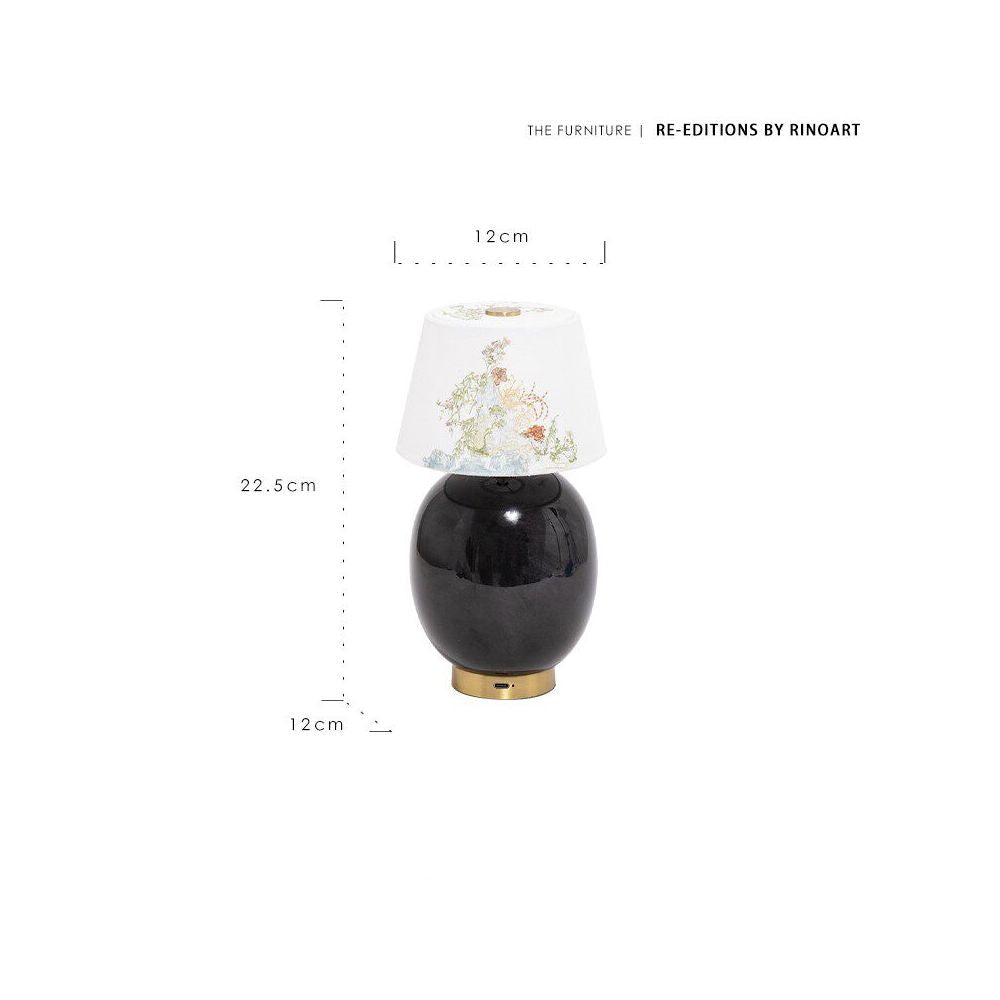 Black table lamp with floral design on a white background, featuring Rinoart branding and measurements.