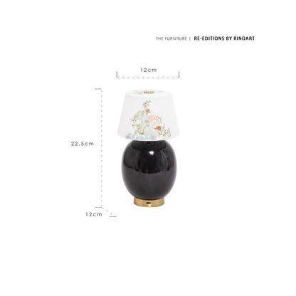 Black table lamp with floral design on a white background, featuring Rinoart branding and measurements.