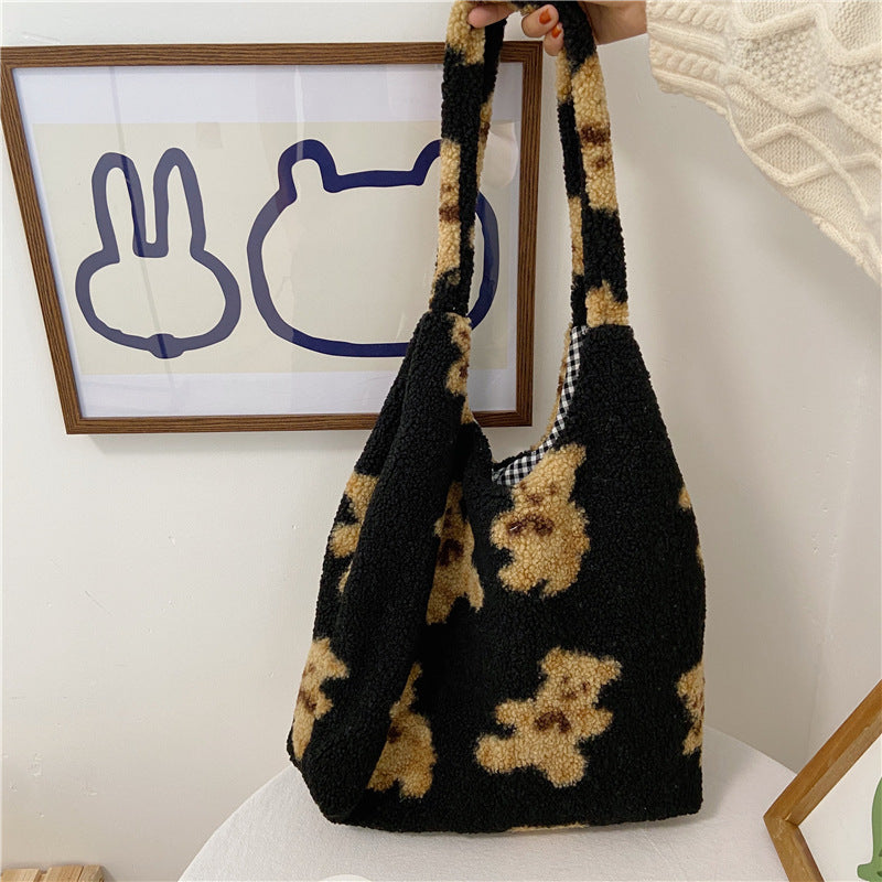 Large Capacity Student Shoulder Bag - Soft Lamb Wool Tote