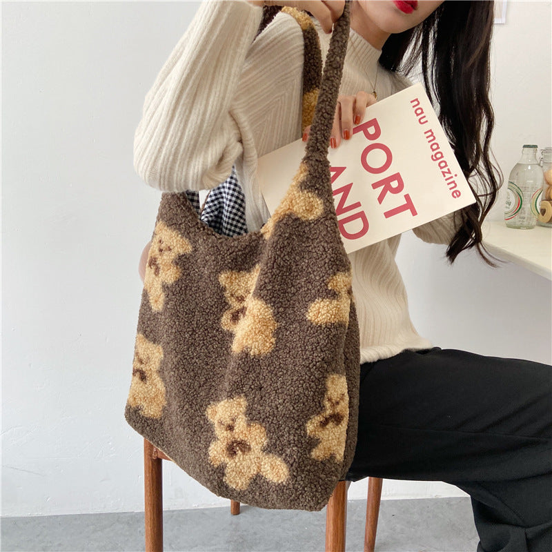 Large Capacity Student Shoulder Bag - Soft Lamb Wool Tote