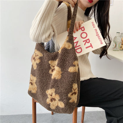 Large Capacity Student Shoulder Bag - Soft Lamb Wool Tote
