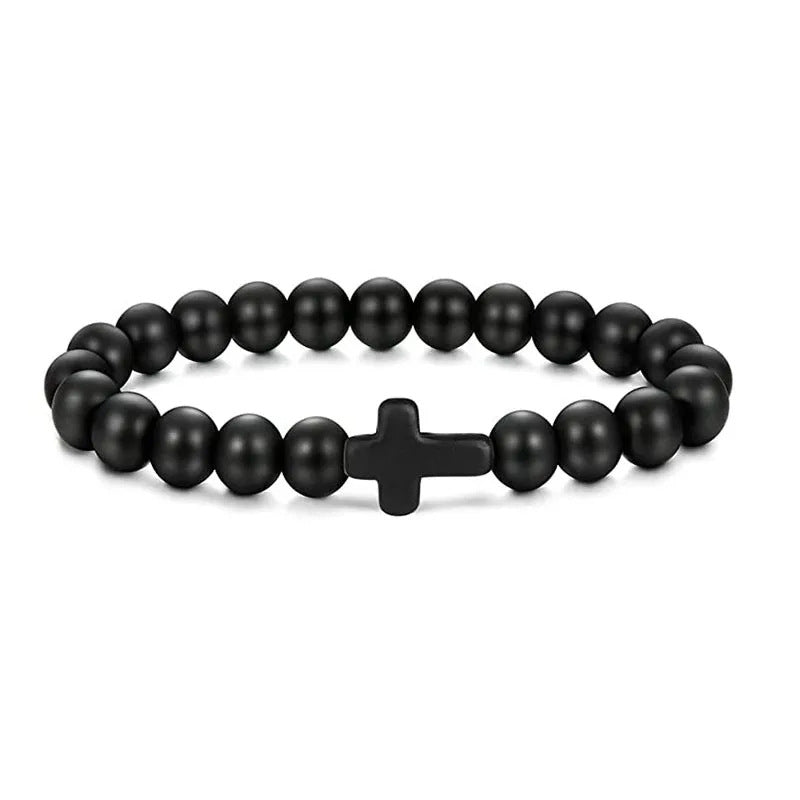 Men's Natural Stone Bead Bracelet - Tiger Eye, Obsidian & Wood Cross Charm