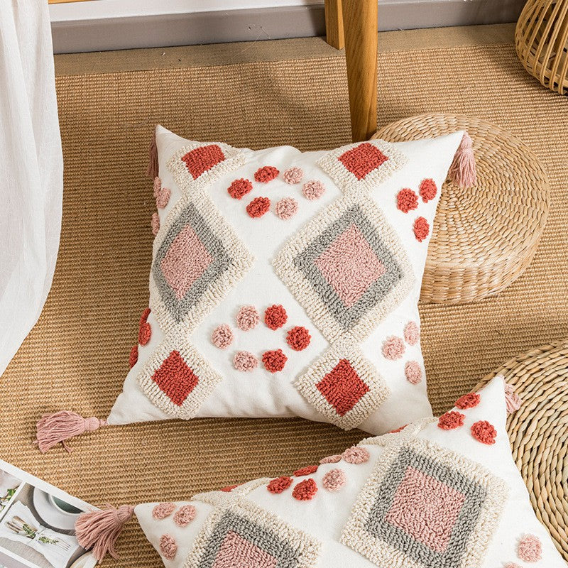 Bohemian Velvet Pillow Cover - Round Embroidered Tassel Cushion