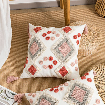 Bohemian Velvet Pillow Cover - Round Embroidered Tassel Cushion
