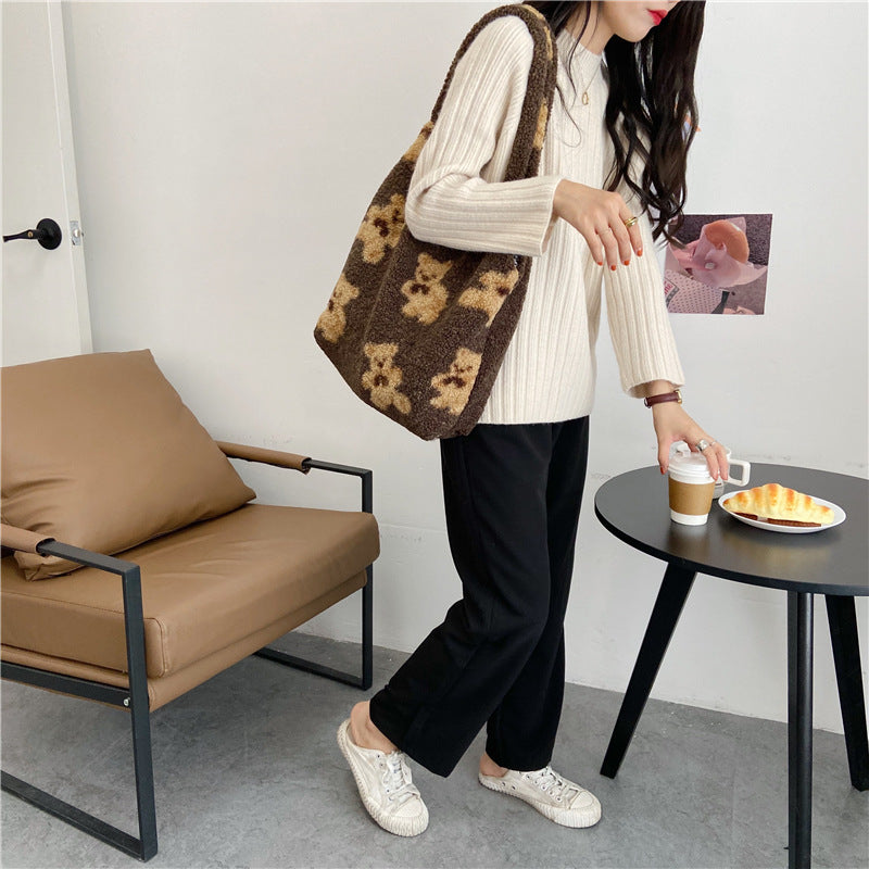 Large Capacity Student Shoulder Bag - Soft Lamb Wool Tote