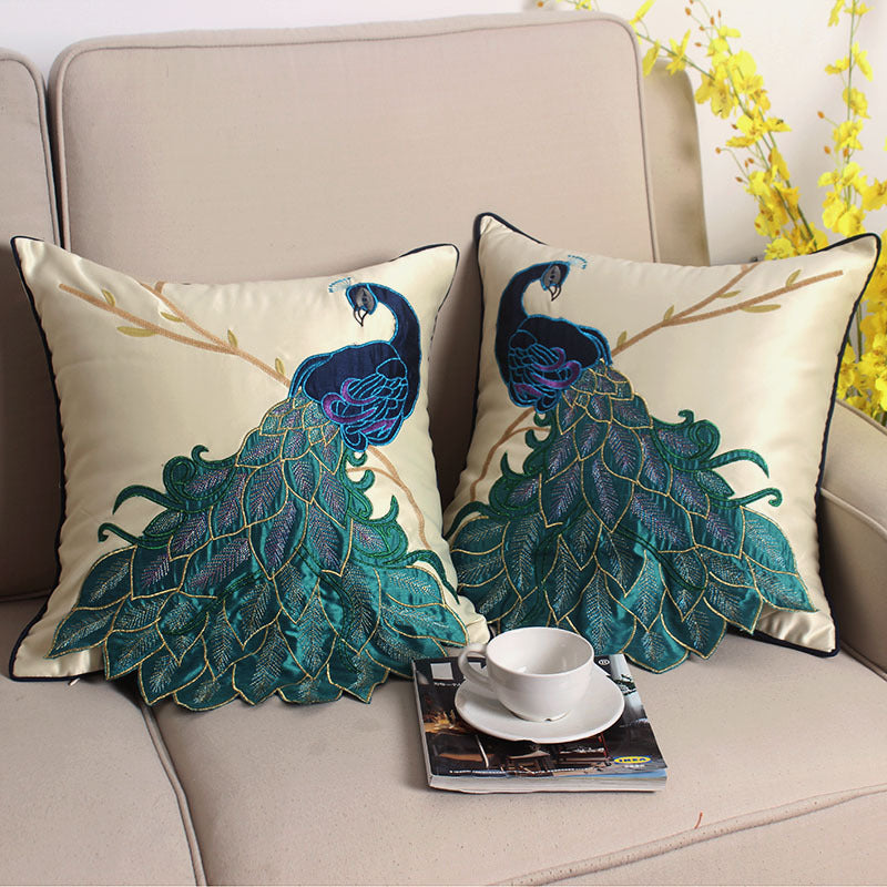 New Chinese Style Soft Furnishing Living Room Sofa Pillow With Long Tail Peacock Embroidery Embroidered Waist Pillowcase Bed Pillowcase