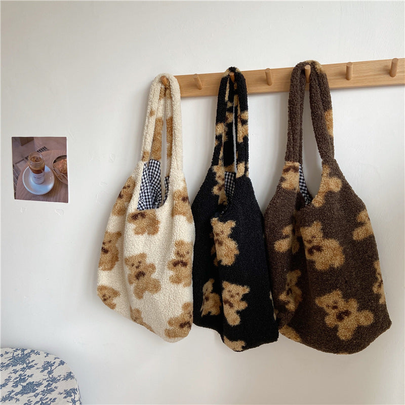 Large Capacity Student Shoulder Bag - Soft Lamb Wool Tote